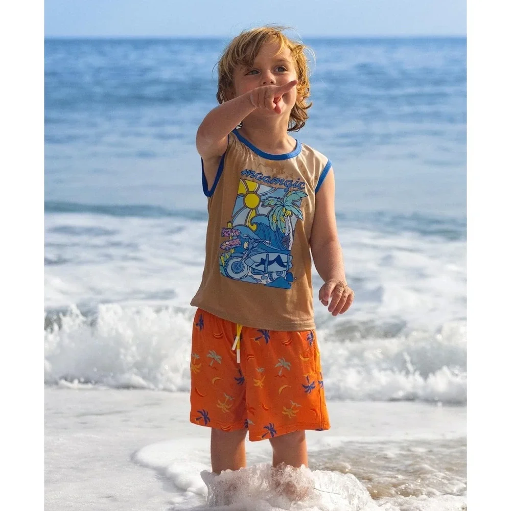 Maamgic Boys Orange Building Block Tropical 2-in-1 Swim Trunks Size 5/6